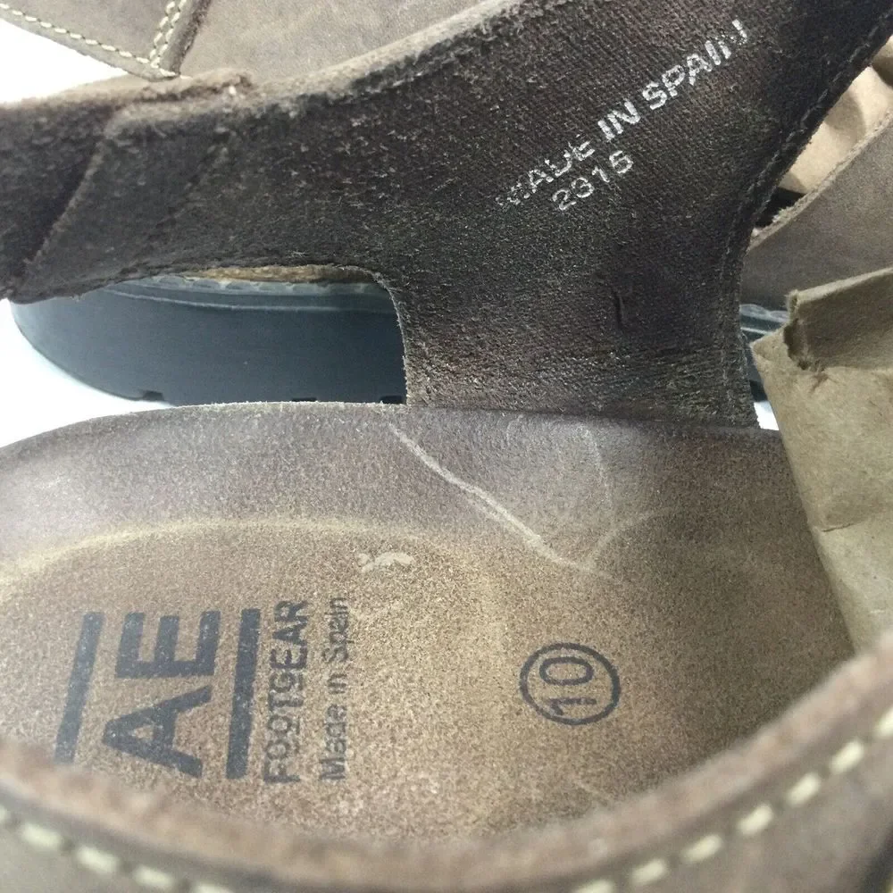 AE Brand Footgear brown leather mens‎ Sandals Size 10 fisherman strap Made Spain